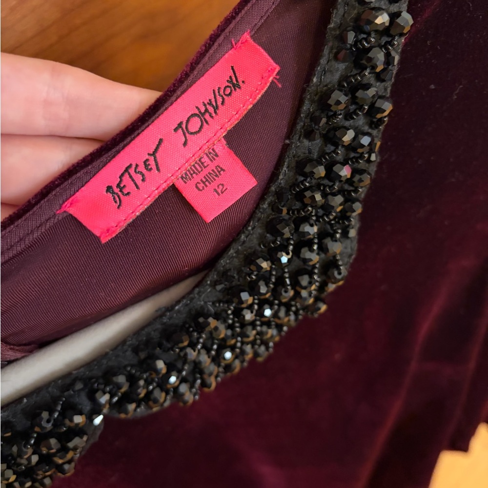 Betsey Johnson Burgundy Velvet Dress with Black Beaded Collar